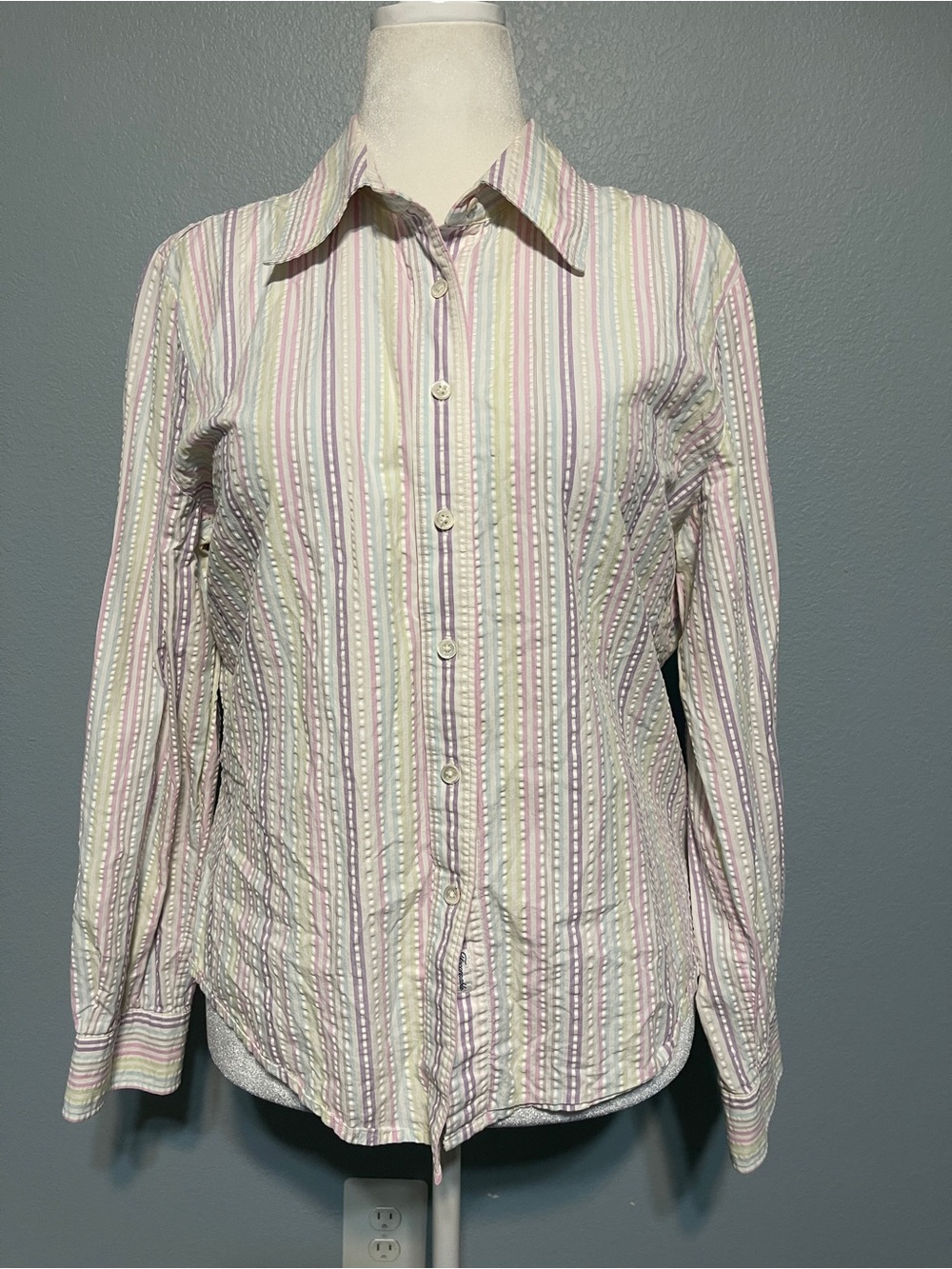 Faconnable Womens Pastel Stripe Seersucker Button Down Shirt Coastal Preppy XL